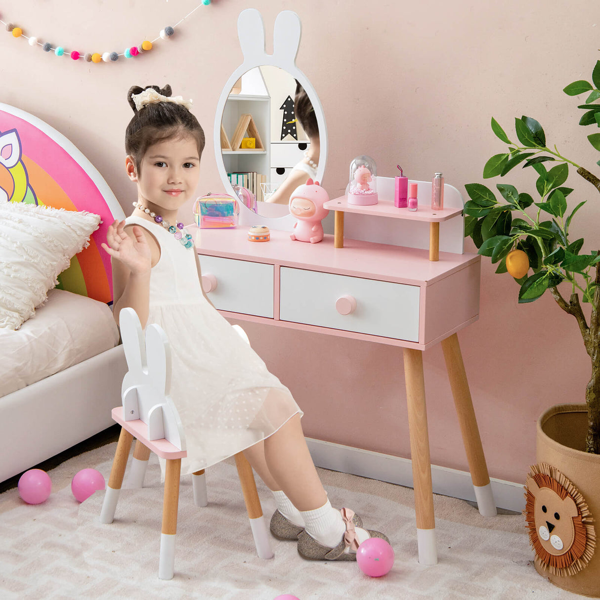 Kids Vanity Table and Chair Set with Drawer Shelf and Rabbit Mirror