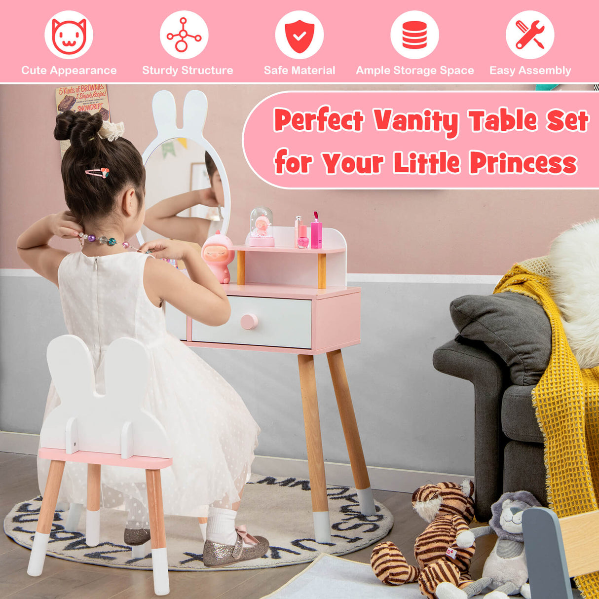 Kids Vanity Table and Chair Set with Drawer Shelf and Rabbit Mirror