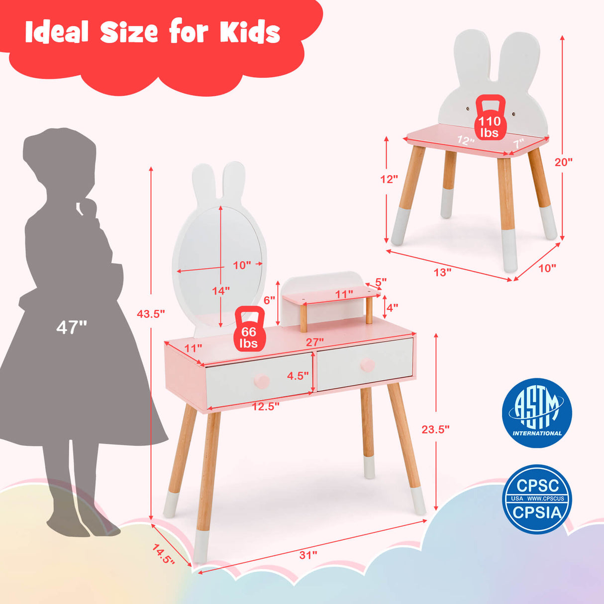 Kids Vanity Table and Chair Set with Drawer Shelf and Rabbit Mirror