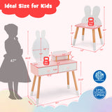 Kids Vanity Table and Chair Set with Drawer Shelf and Rabbit Mirror