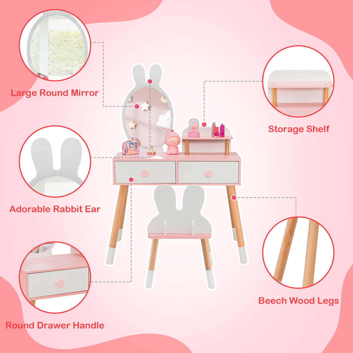 Kids Vanity Table and Chair Set with Drawer Shelf and Rabbit Mirror