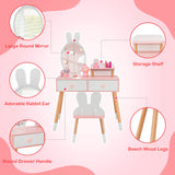 Kids Vanity Table and Chair Set with Drawer Shelf and Rabbit Mirror
