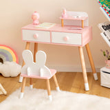 Kids Vanity Table and Chair Set with Drawer Shelf and Rabbit Mirror
