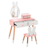 Kids Vanity Table and Chair Set with Drawer Shelf and Rabbit Mirror