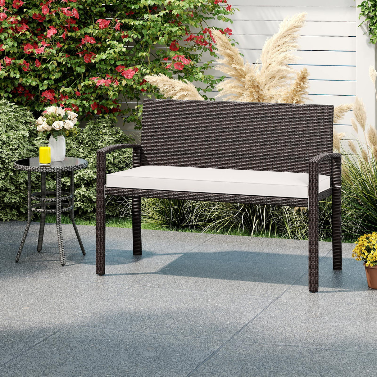 Wicker 2-Seat Bench with Soft Seat Cushion and Metal Frame-White