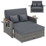 Wicker Loveseat Sofa with Multipurpose Ottoman and Retractable Side Tray