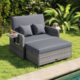 Wicker Loveseat Sofa with Multipurpose Ottoman and Retractable Side Tray