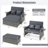 Wicker Loveseat Sofa with Multipurpose Ottoman and Retractable Side Tray