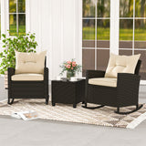 3-Piece Patio Rattan Roker Chairs with Tempered Glass Table and Soft Cushions