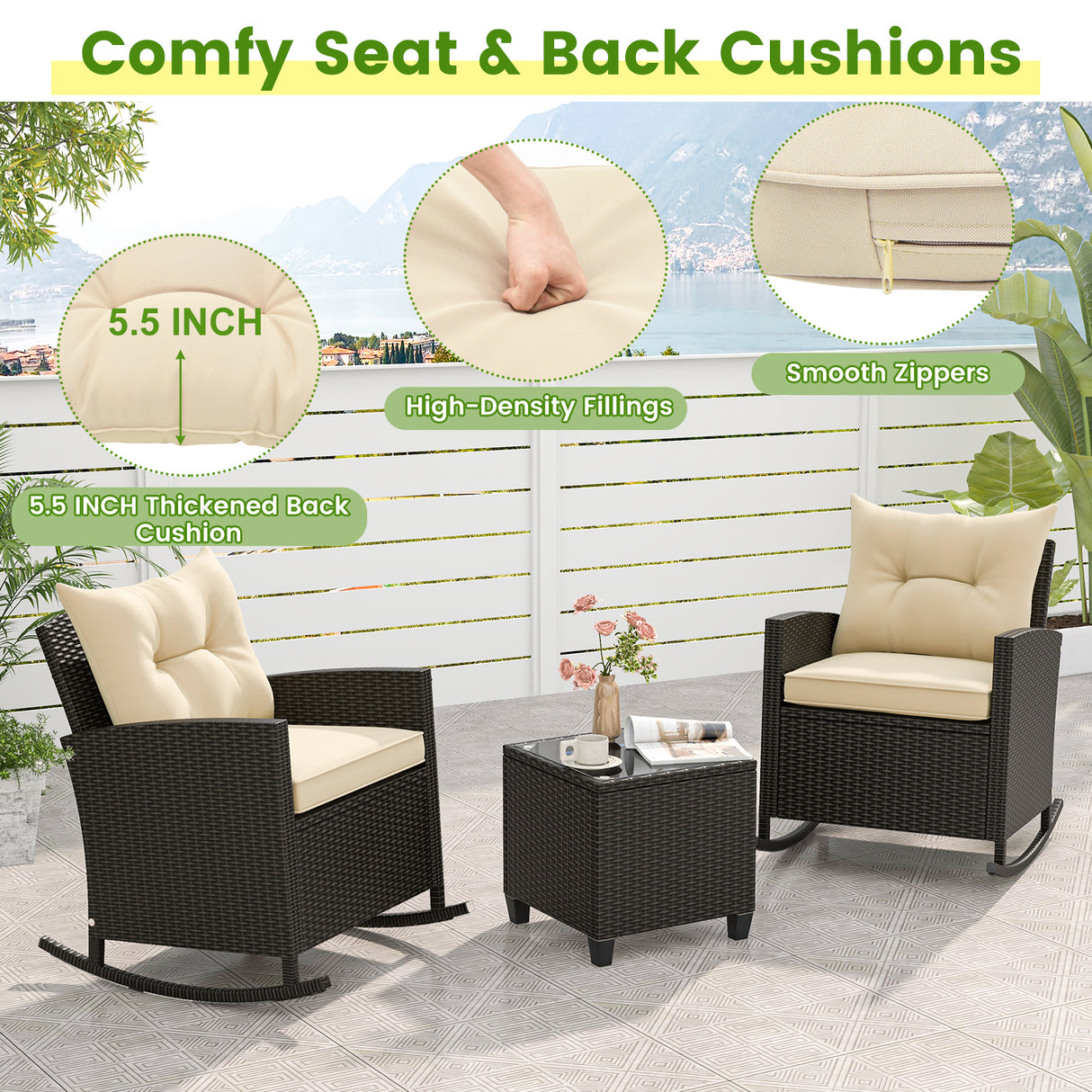 3-Piece Patio Rattan Roker Chairs with Tempered Glass Table and Soft Cushions