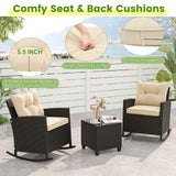 3-Piece Patio Rattan Roker Chairs with Tempered Glass Table and Soft Cushions