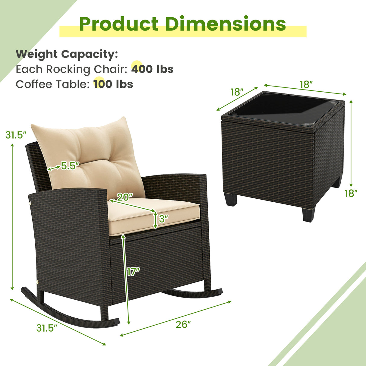 3-Piece Patio Rattan Roker Chairs with Tempered Glass Table and Soft Cushions