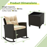 3-Piece Patio Rattan Roker Chairs with Tempered Glass Table and Soft Cushions