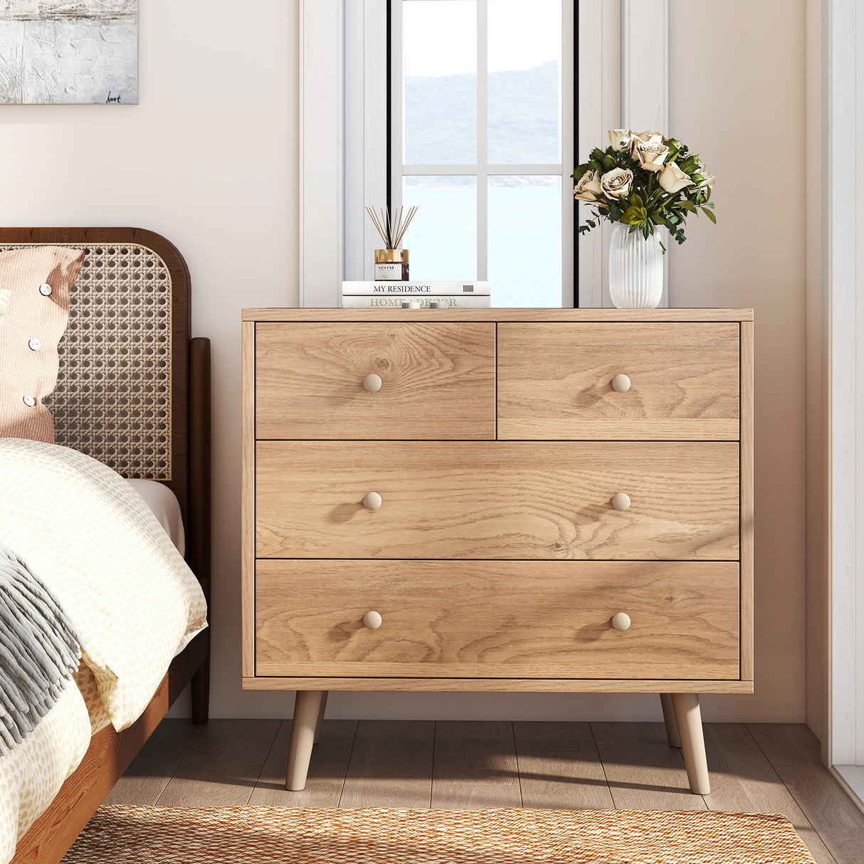 Wide Wooden Dresser with 4 Drawers for Bedroom Living Room