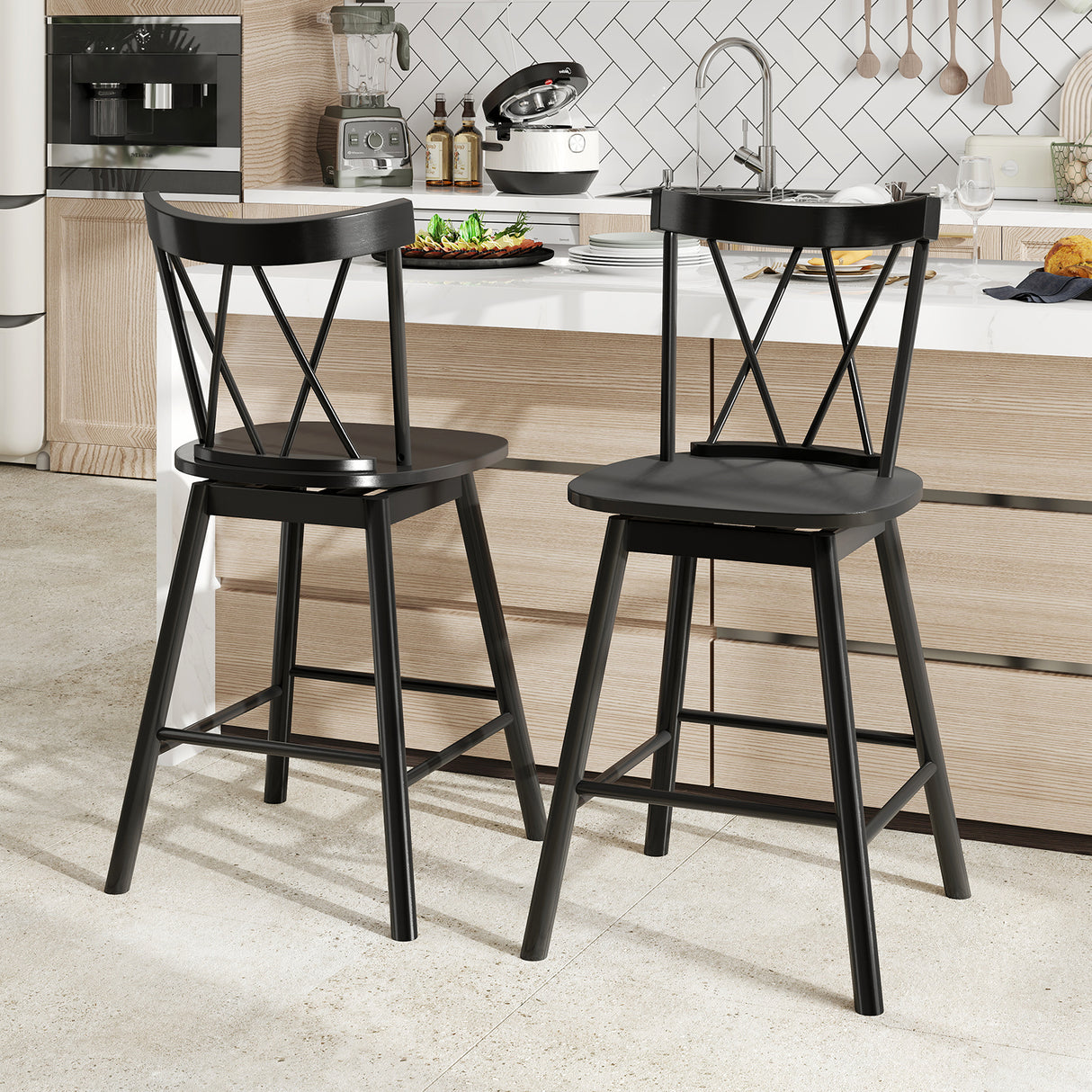 Set of 2 Windsor Bar Stool with Ergonomic Backrest and Footrests