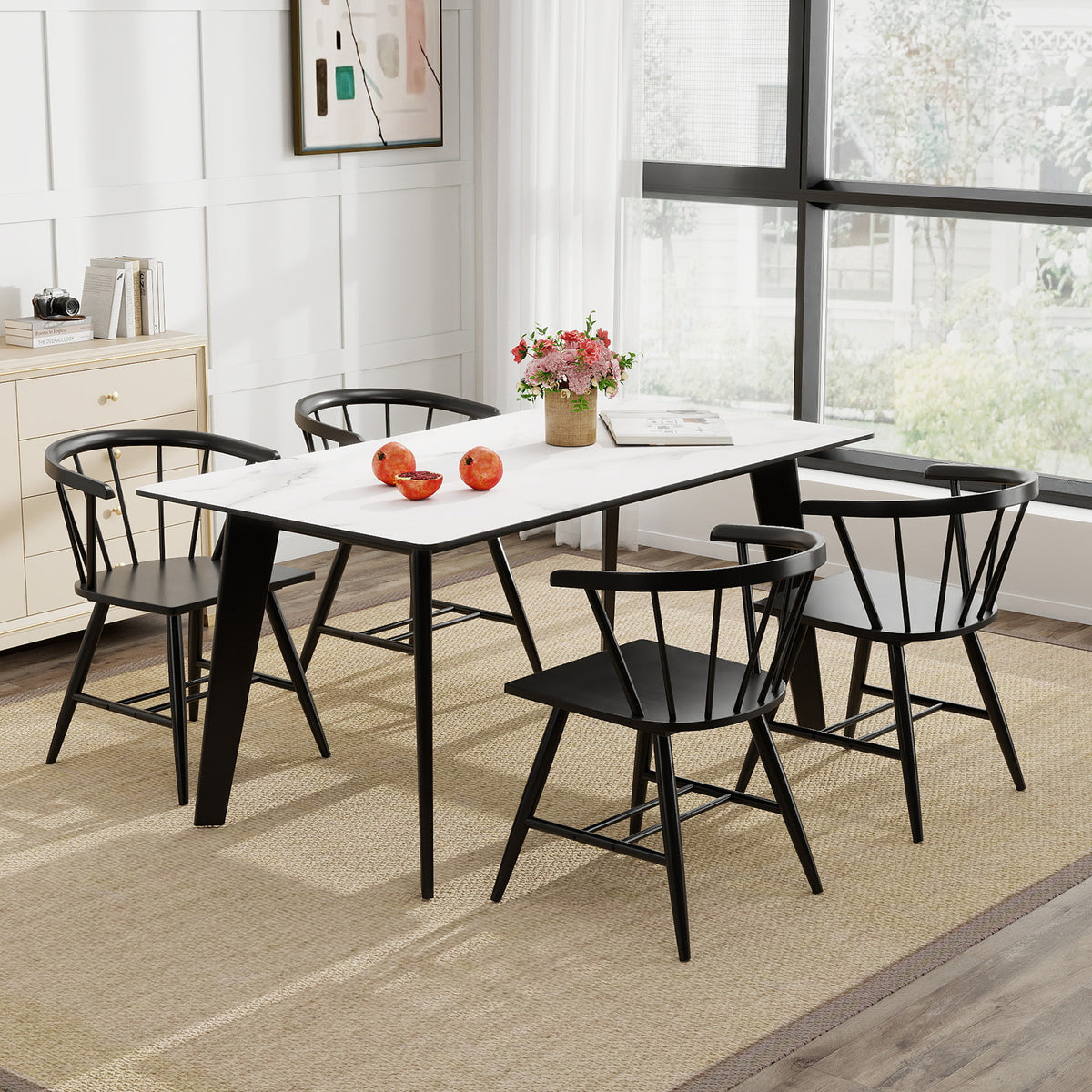 Windsor Dining Chair Set of 2 Mid-Century Modern Black Kitchen Chairs-Black