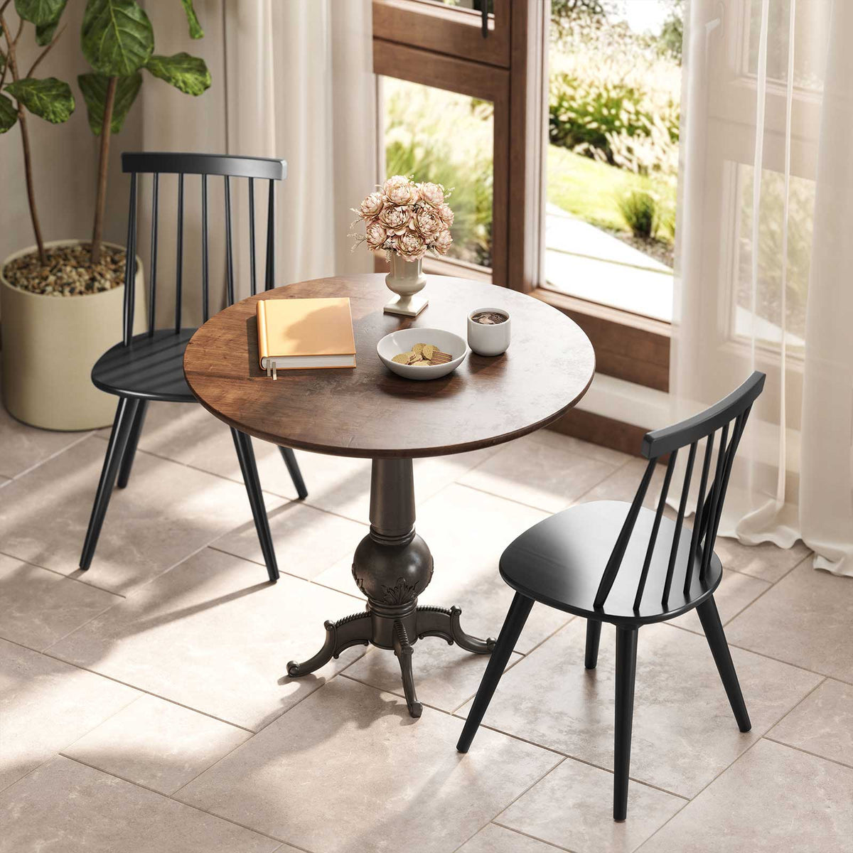 Windsor Dining Chair Set of 2 with Solid Rubber Wood Frame-Black