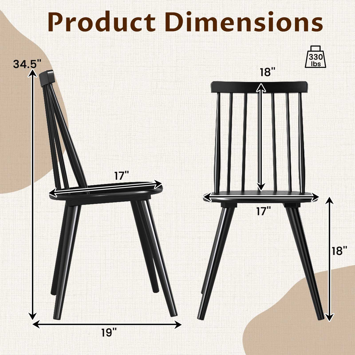 Windsor Dining Chair Set of 2 with Solid Rubber Wood Frame-Black
