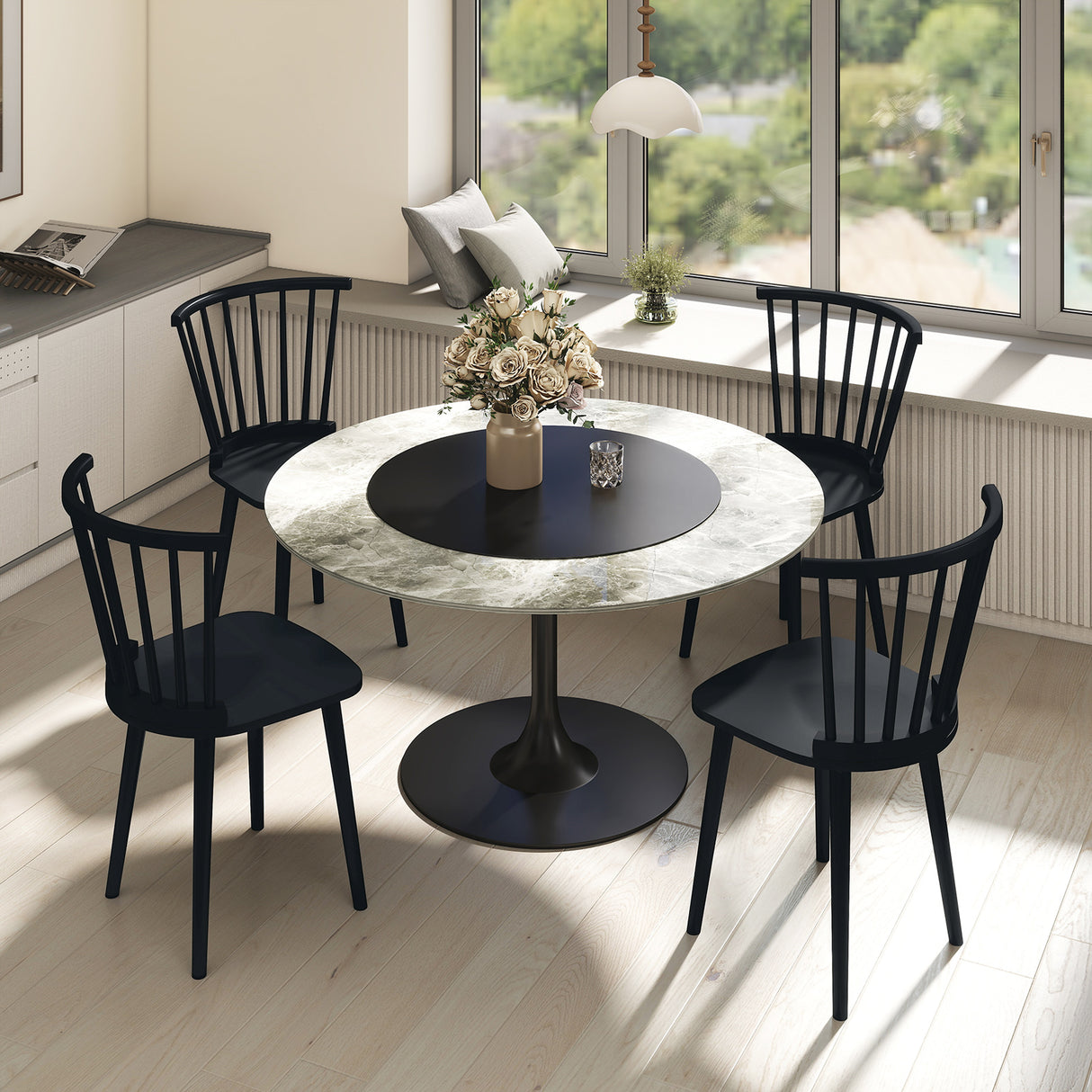 Windsor Dining Chairs Set of 2 Rubber Wood Kitchen Chairs with Spindle Back-Black