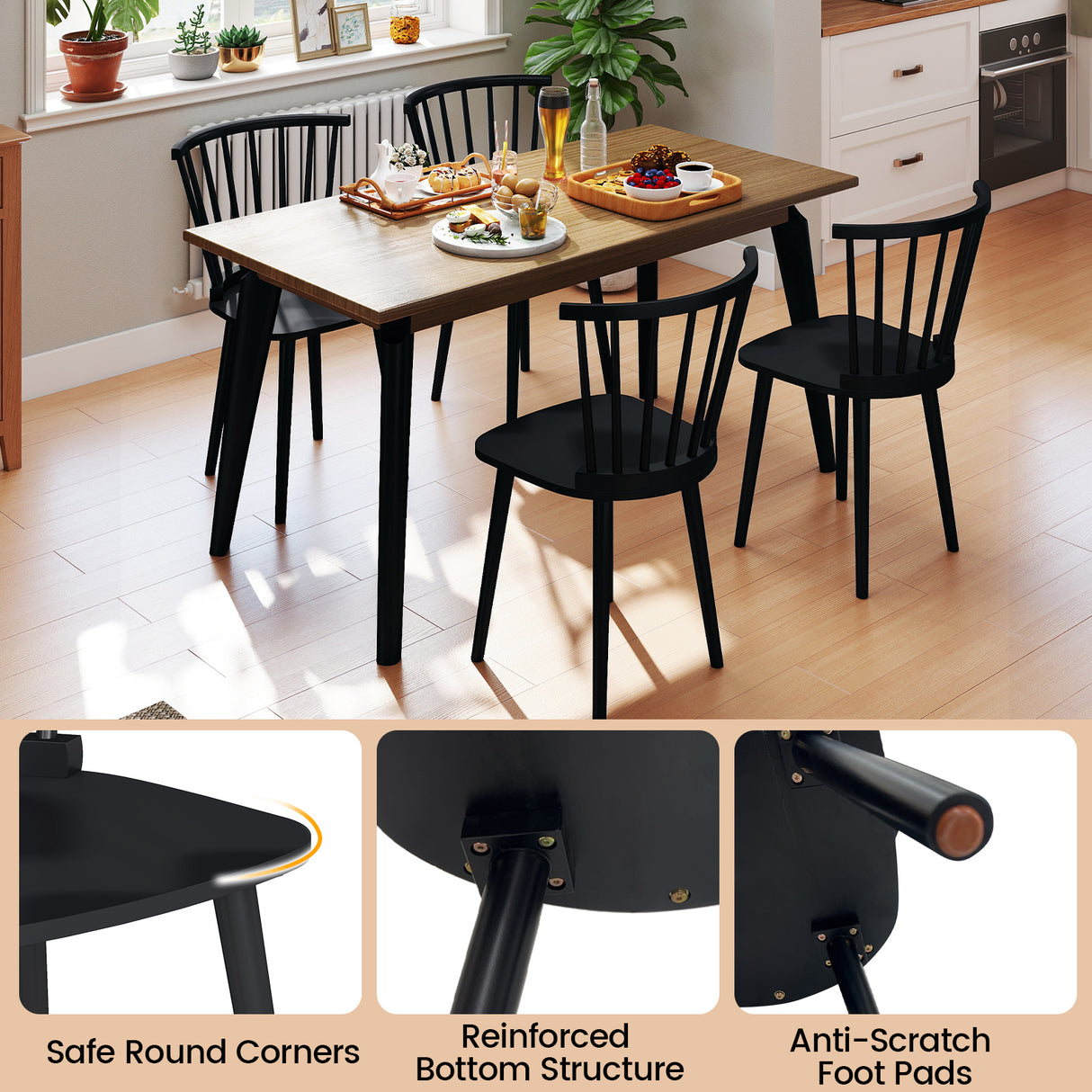 Windsor Dining Chairs Set of 2 Rubber Wood Kitchen Chairs with Spindle Back-Black