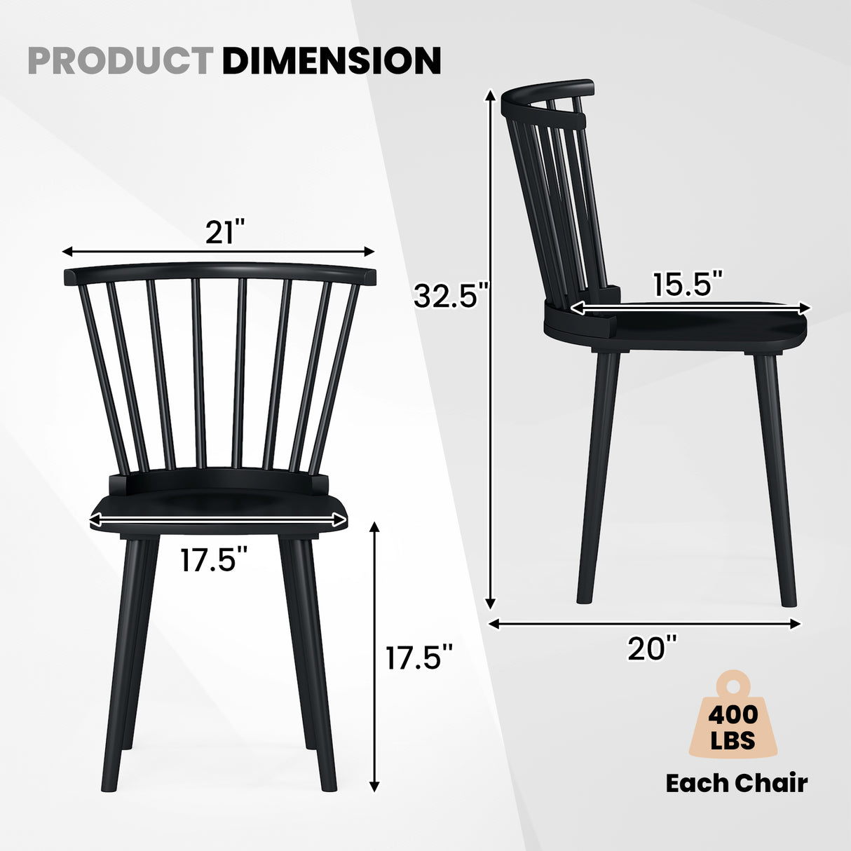 Windsor Dining Chairs Set of 2 Rubber Wood Kitchen Chairs with Spindle Back-Black