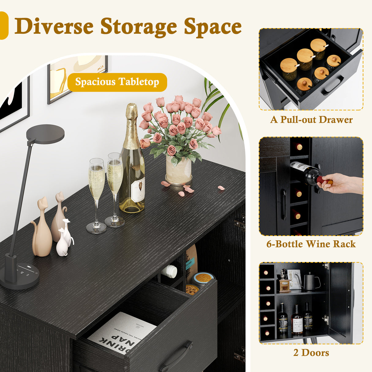 2-Door Buffet Sideboard with 6-Bottle Wine Rack Drawer