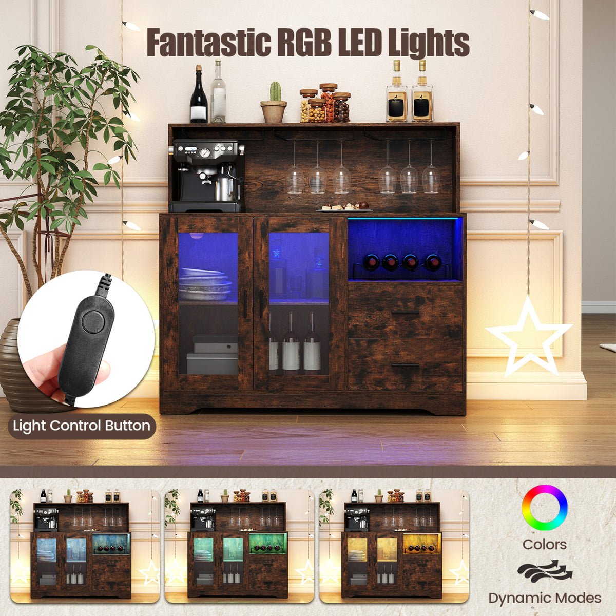 Wine Bar Cabinet with LED Lights and Charging Station-Rustic Brown
