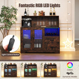 Wine Bar Cabinet with LED Lights and Charging Station-Rustic Brown