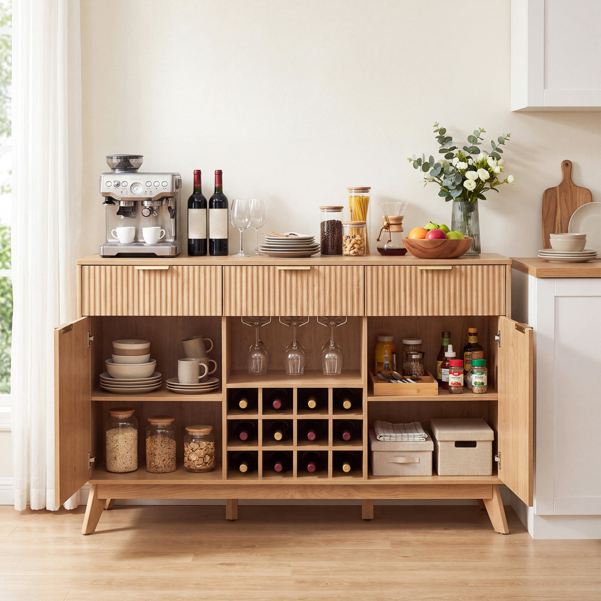 Wine Bar Cabinet with Adjustable Shelves and 2 Doors 3 Glass Holders for Kitchen