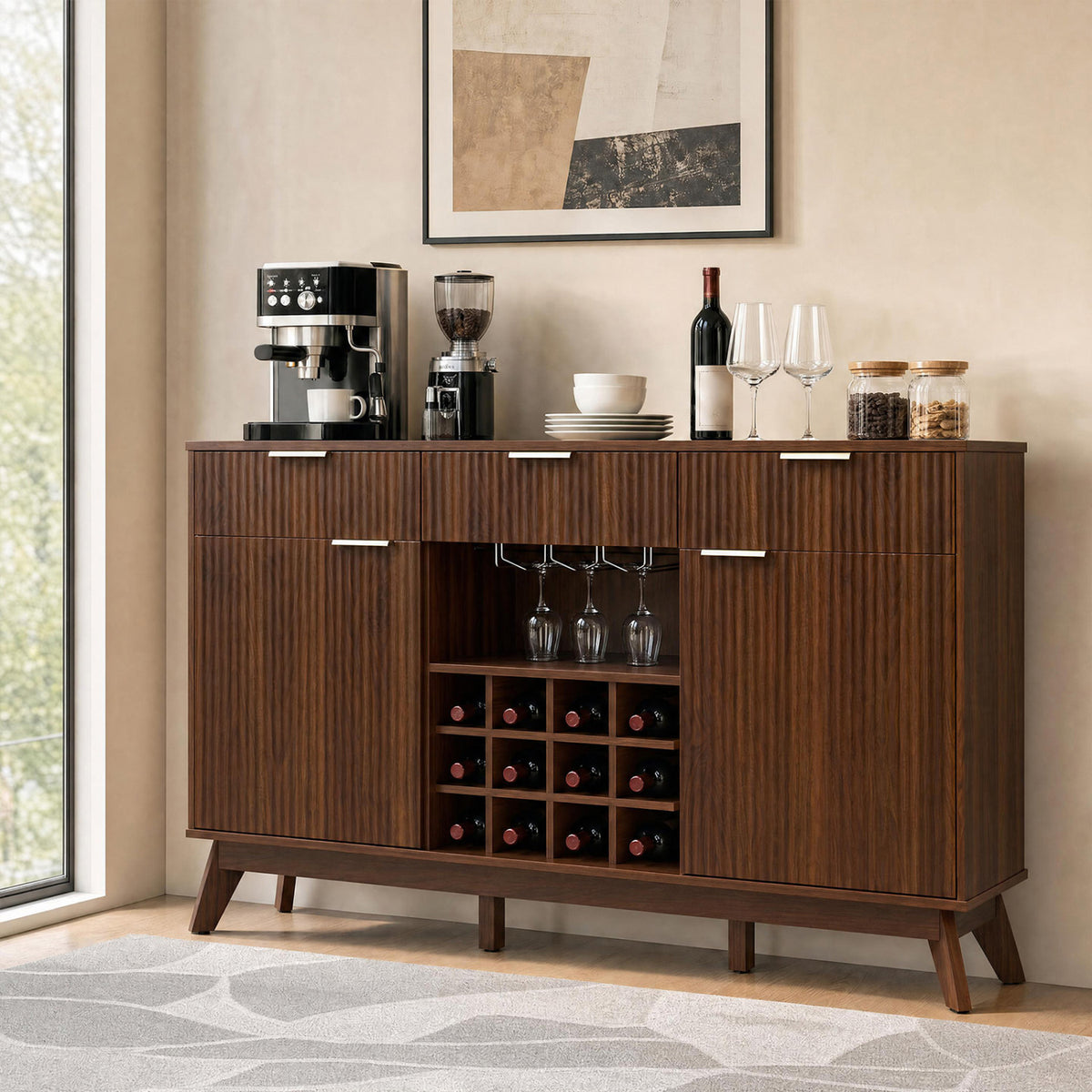 Wine Bar Cabinet with Adjustable Shelves and 2 Doors 3 Glass Holders for Kitchen