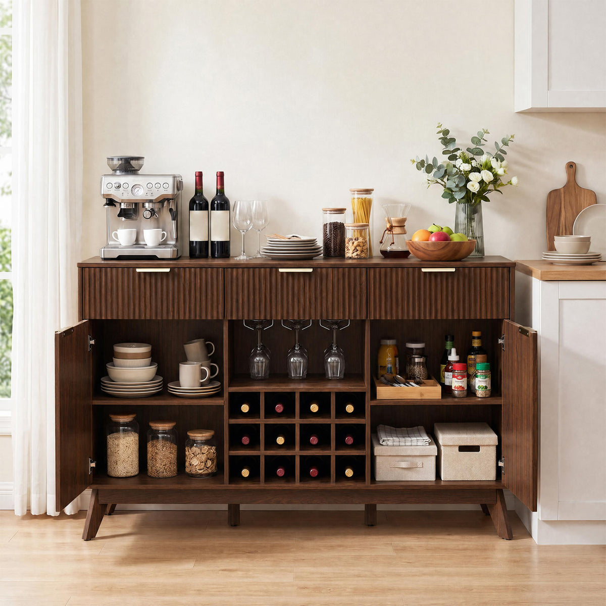 Wine Bar Cabinet with Adjustable Shelves and 2 Doors 3 Glass Holders for Kitchen
