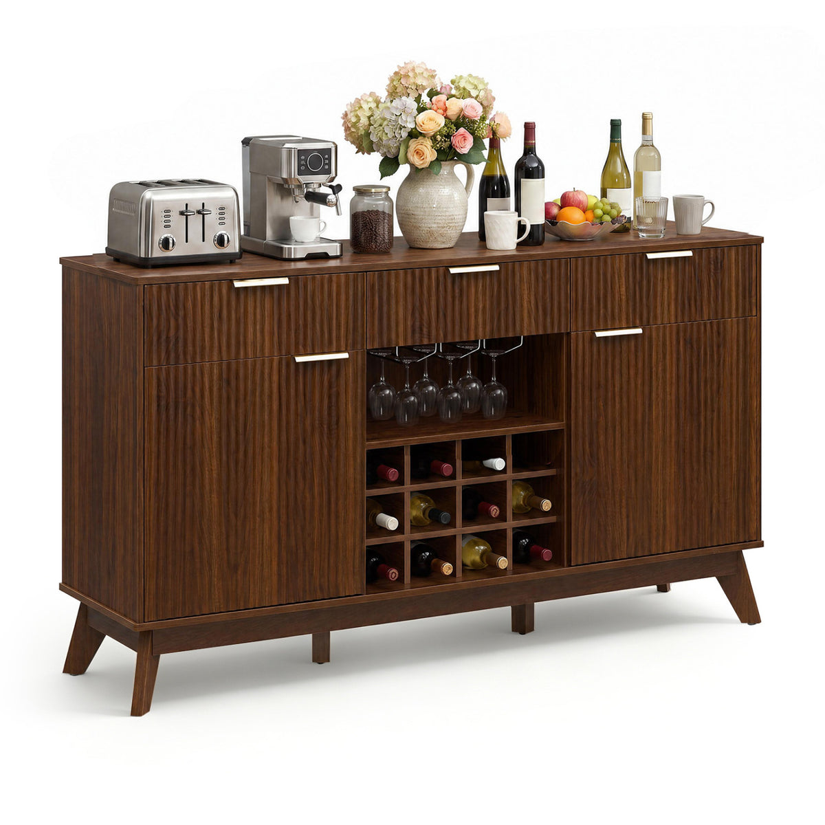 Wine Bar Cabinet with Adjustable Shelves and 2 Doors 3 Glass Holders for Kitchen