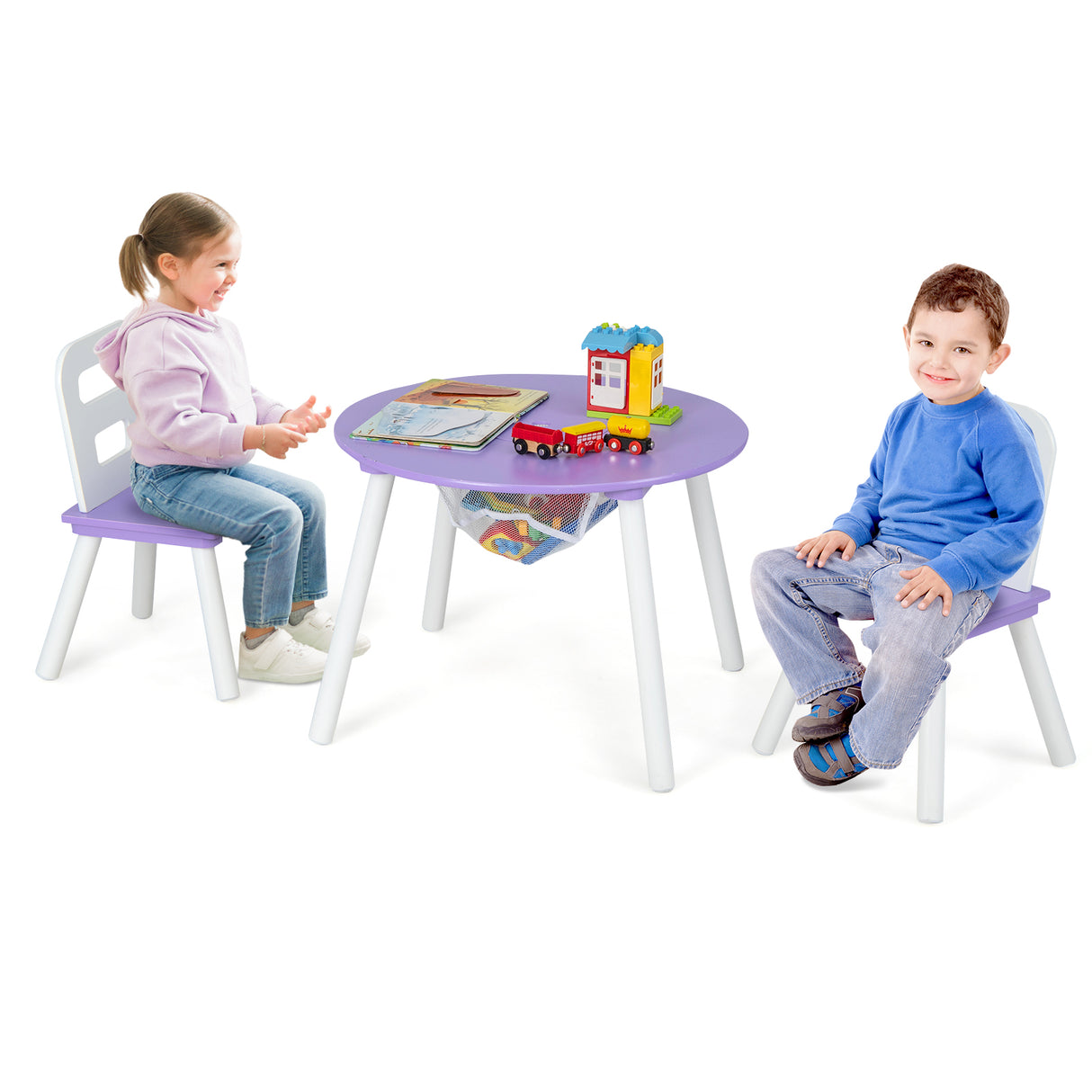 Wood Activity Kids Table and Chair Set with Center Mesh Storage