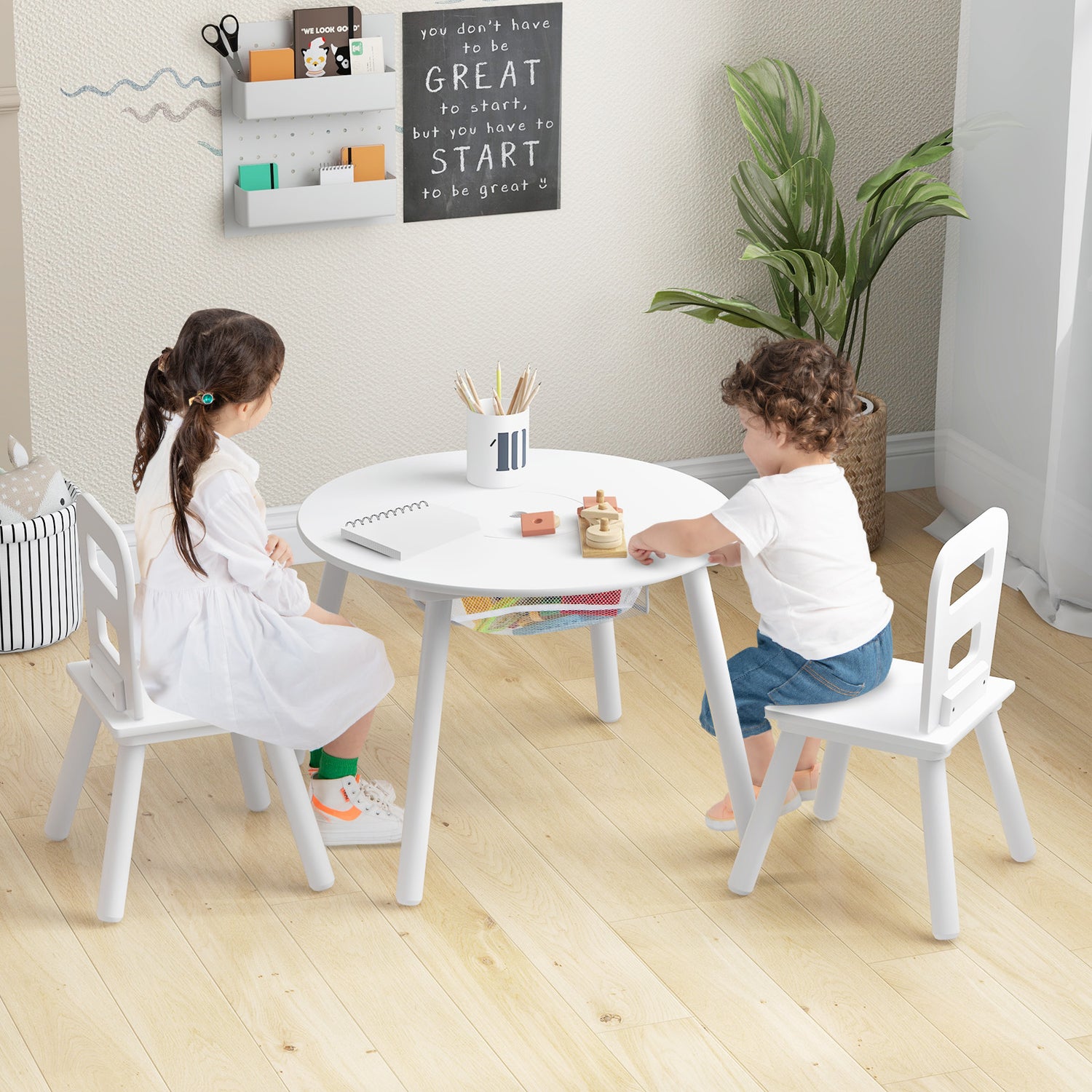 Wood Activity Kids Table and Chair Set with Center Mesh Storage
