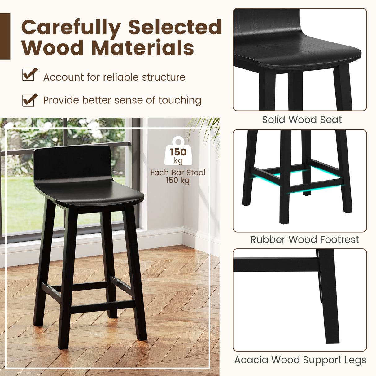 Wood Bar Stools Set of 2 with Solid Back and Seat