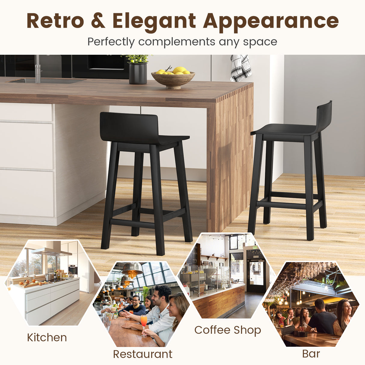 Wood Bar Stools Set of 2 with Solid Back and Seat