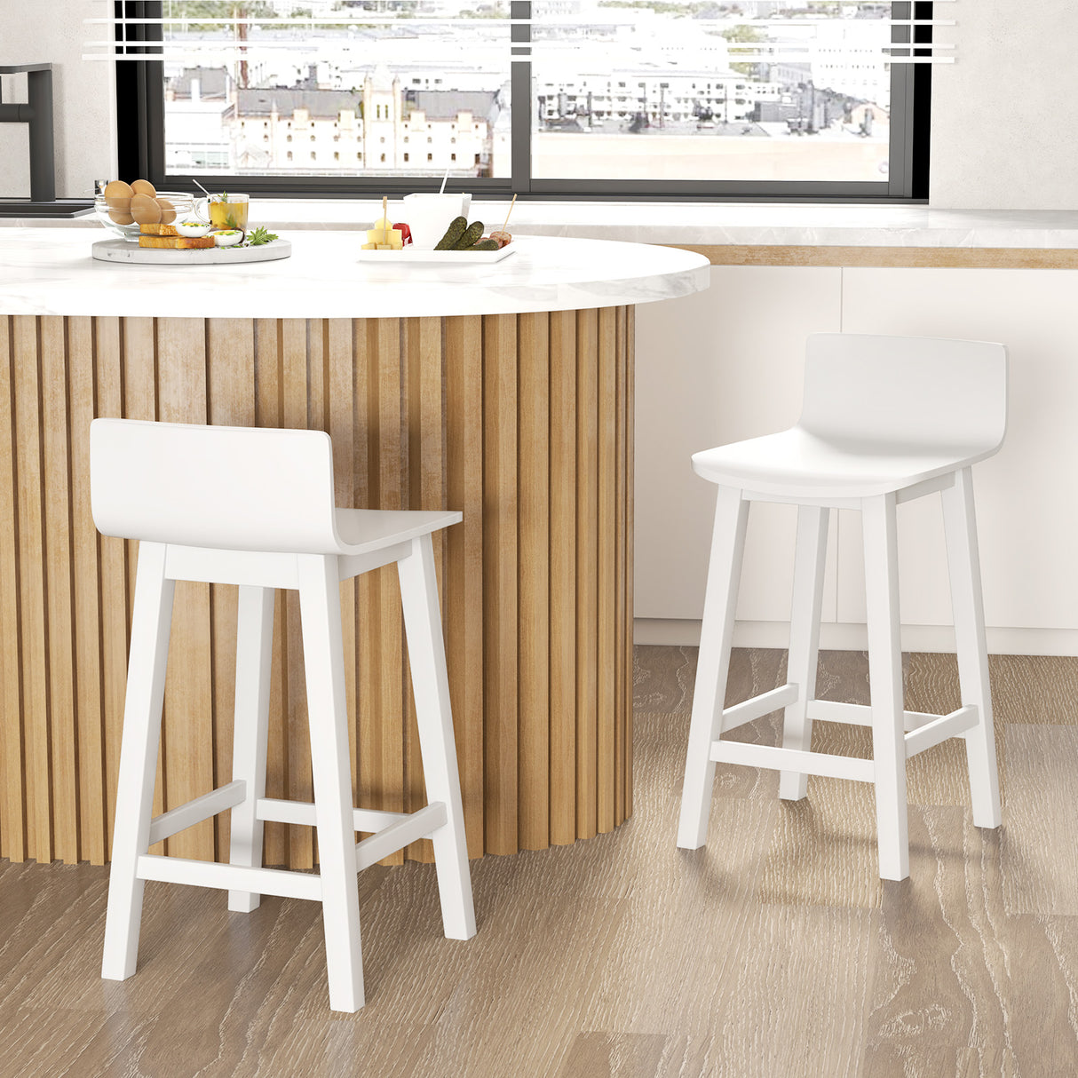 Wood Bar Stools Set of 2 with Solid Back and Seat