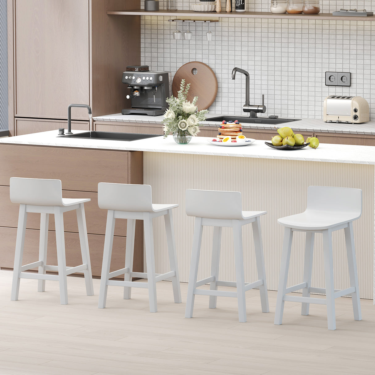 Wood Bar Stools Set of 2 with Solid Back and Seat