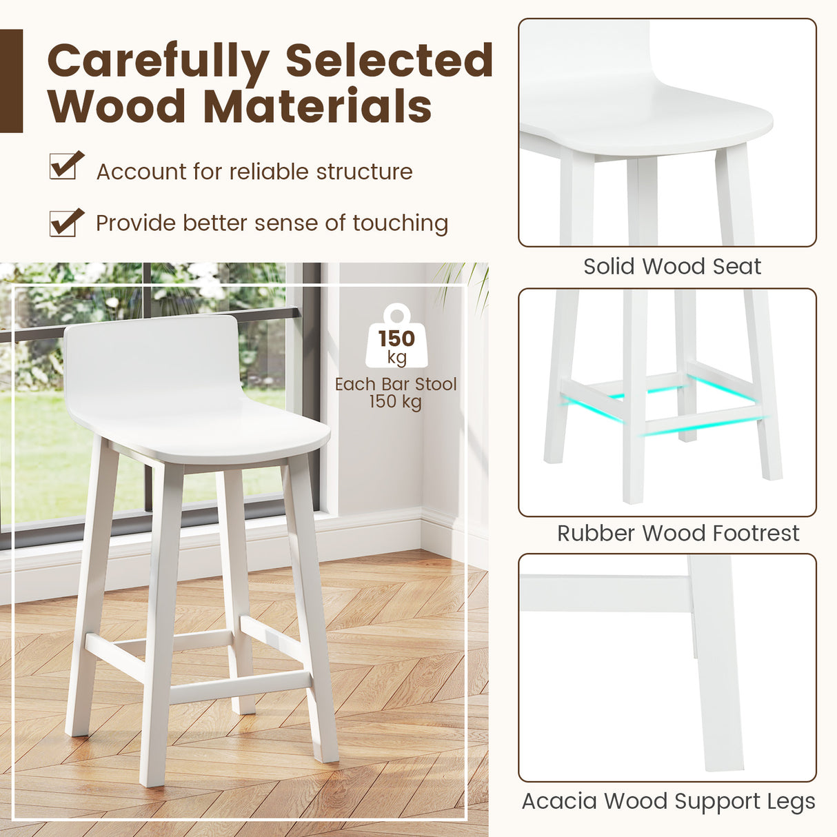 Wood Bar Stools Set of 2 with Solid Back and Seat