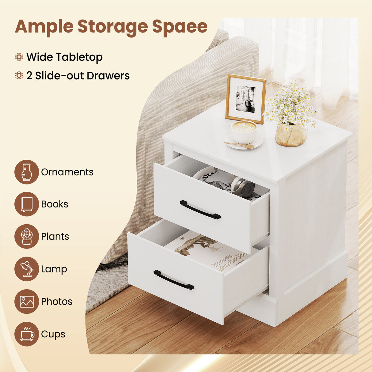 Wood Compact Floor Nightstand with Storage Drawers