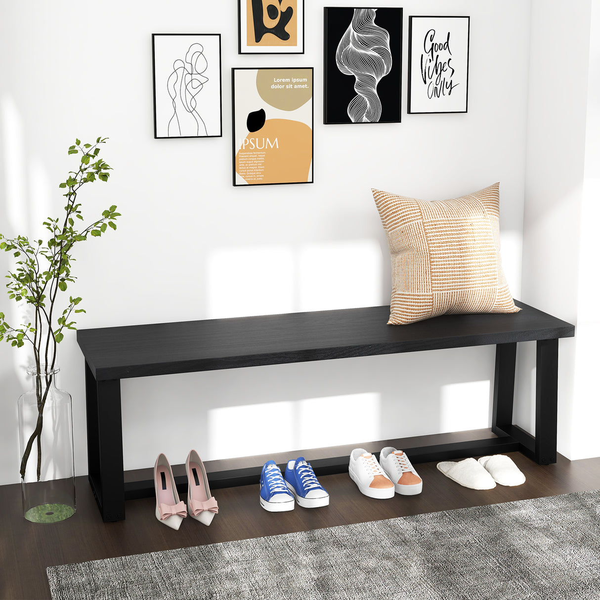 Wood Dining Bench with Metal Frame and Adjustable Footpads