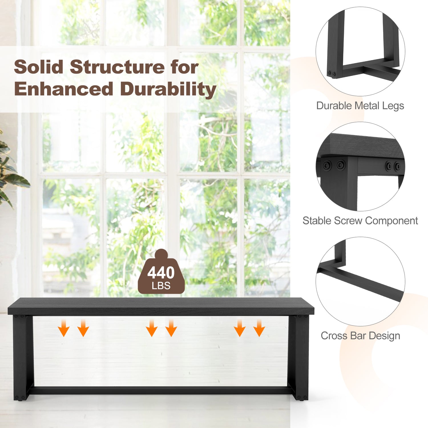 Wood Dining Bench with Metal Frame and Adjustable Footpads