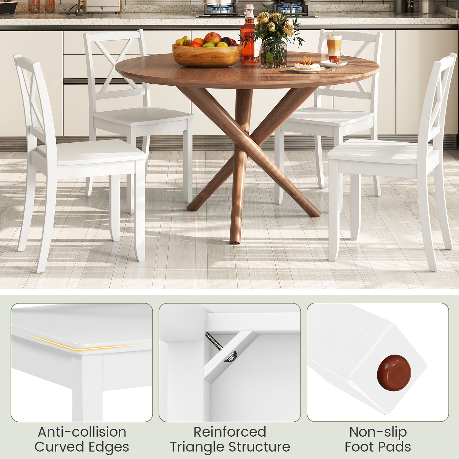 Wood Dining Chair Set of 2 with Rubber Wood Legs and Curved Backrest-White