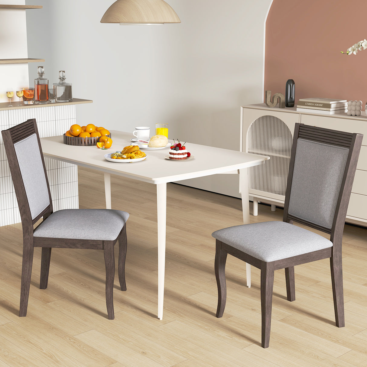 Wood Dining Chairs Set of 2 with Rubber Wood Frame and Padded Seat-Brown