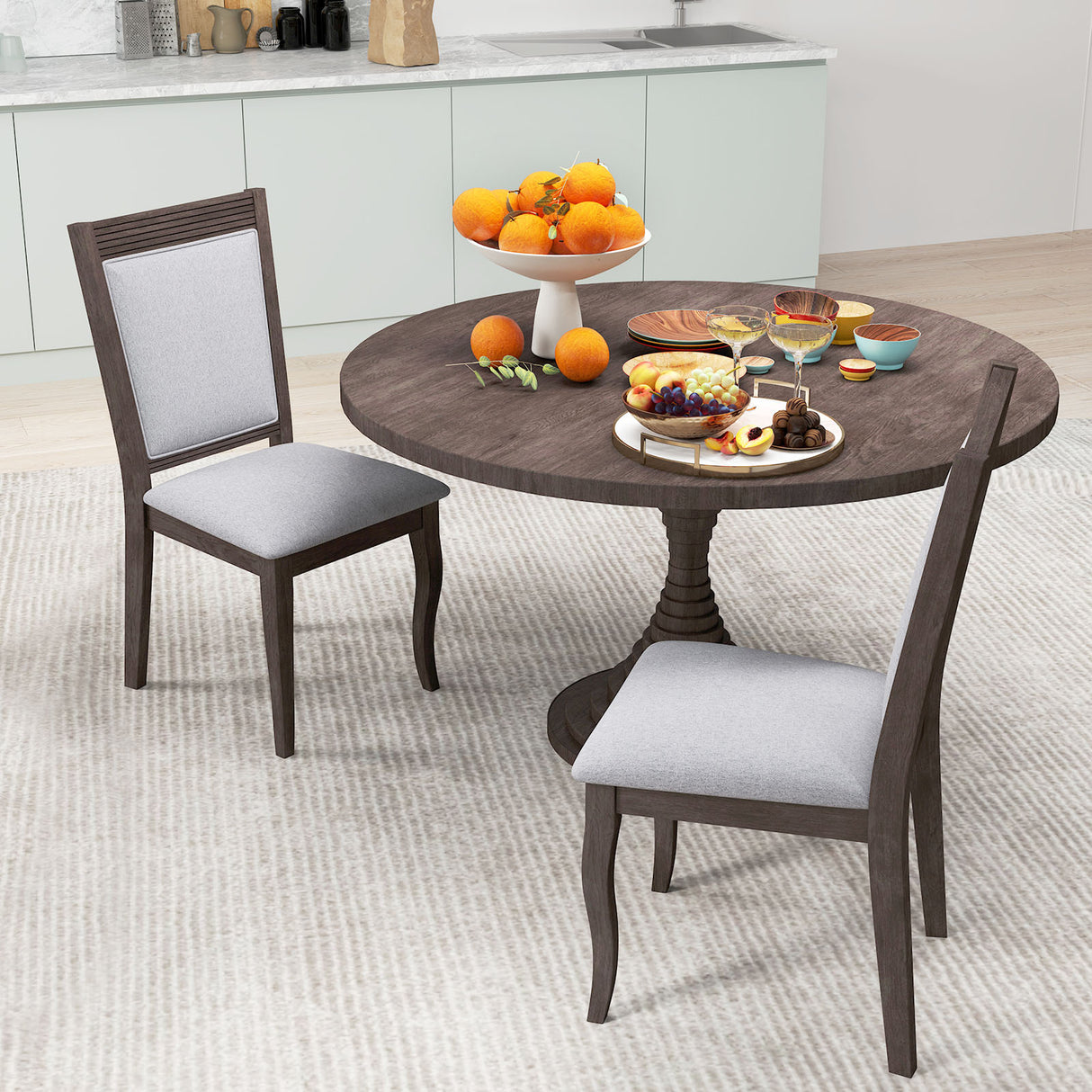 Wood Dining Chairs Set of 2 with Rubber Wood Frame and Padded Seat-Brown