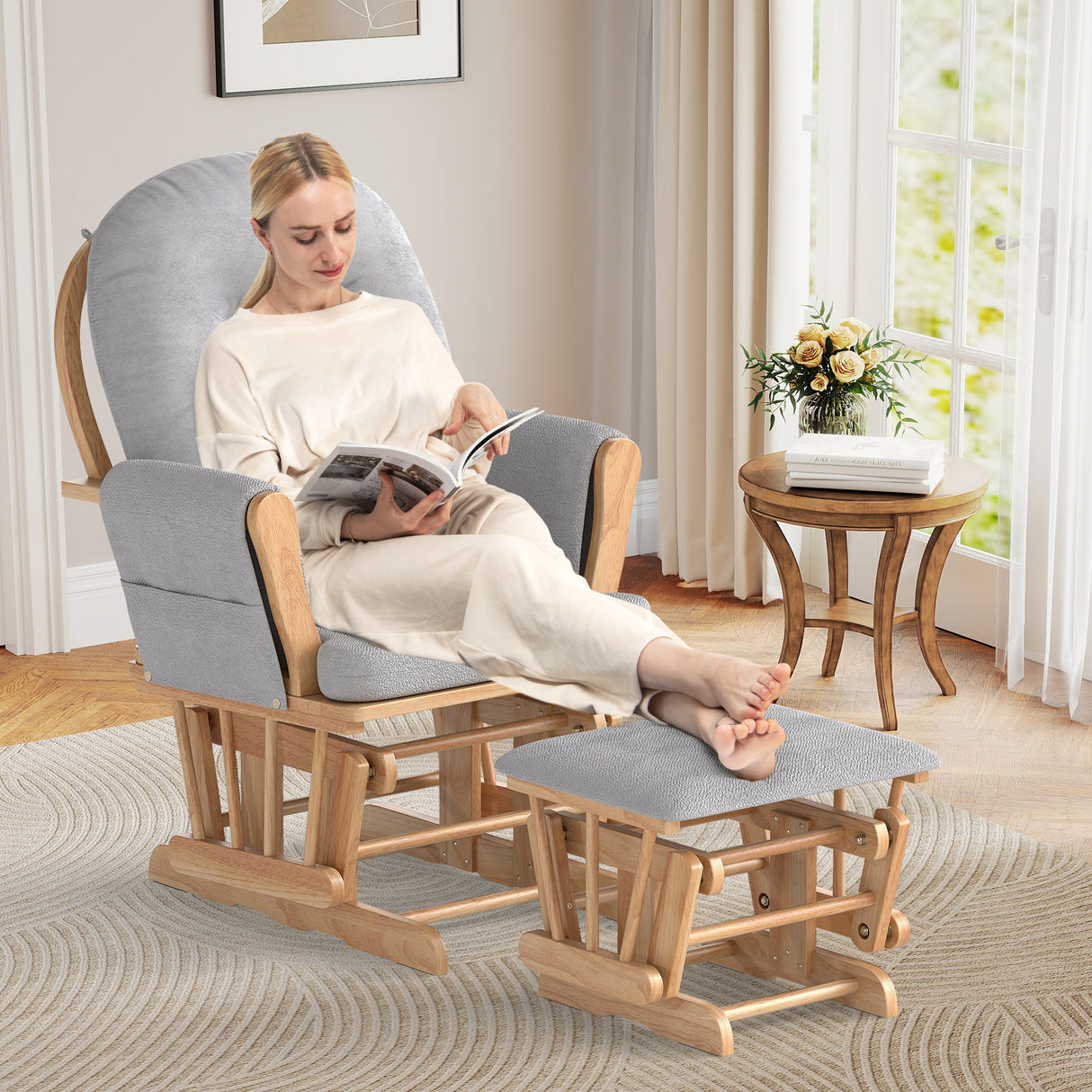 Wood Glider and Ottoman Set with Padded Armrests and Detachable Cushion