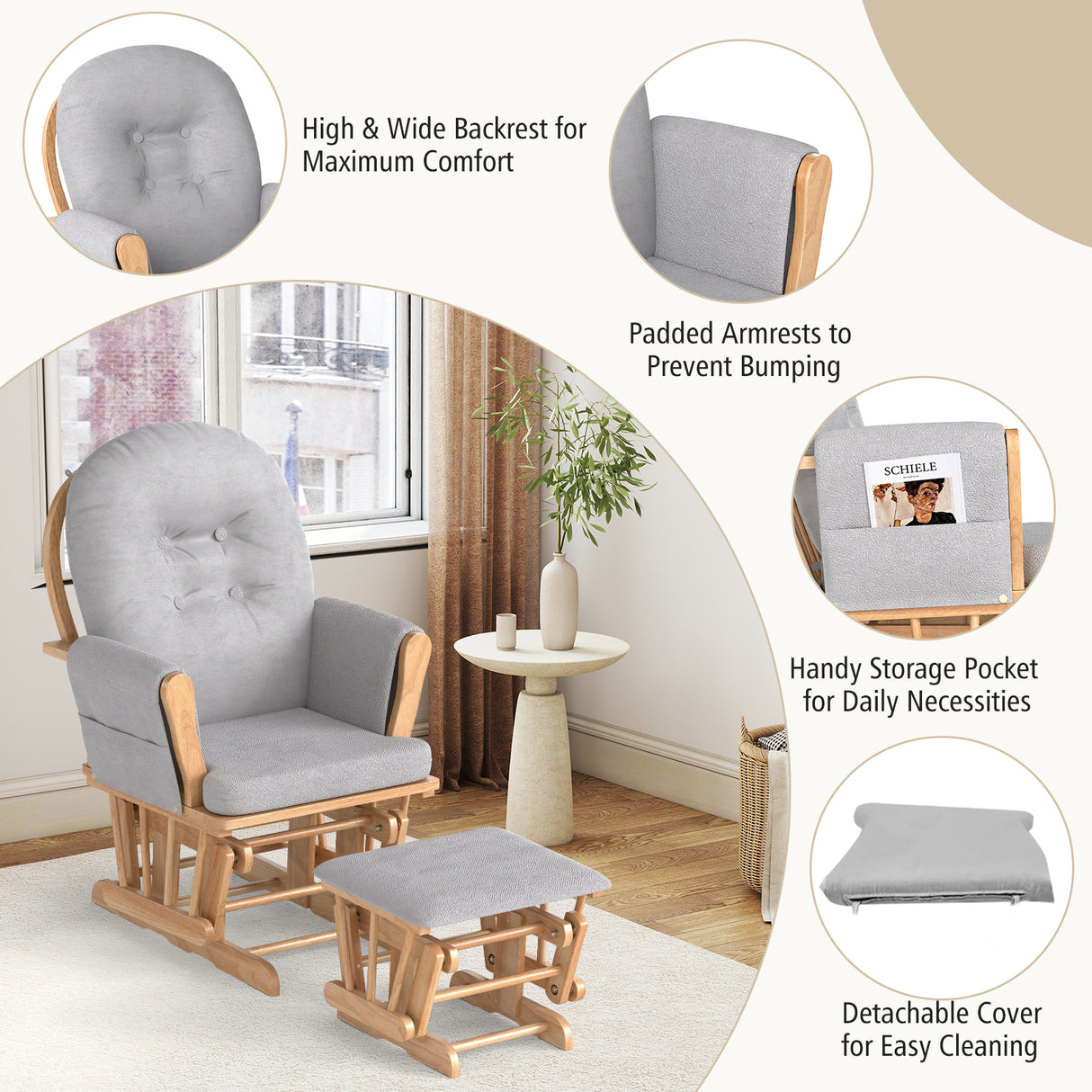 Wood Glider and Ottoman Set with Padded Armrests and Detachable Cushion