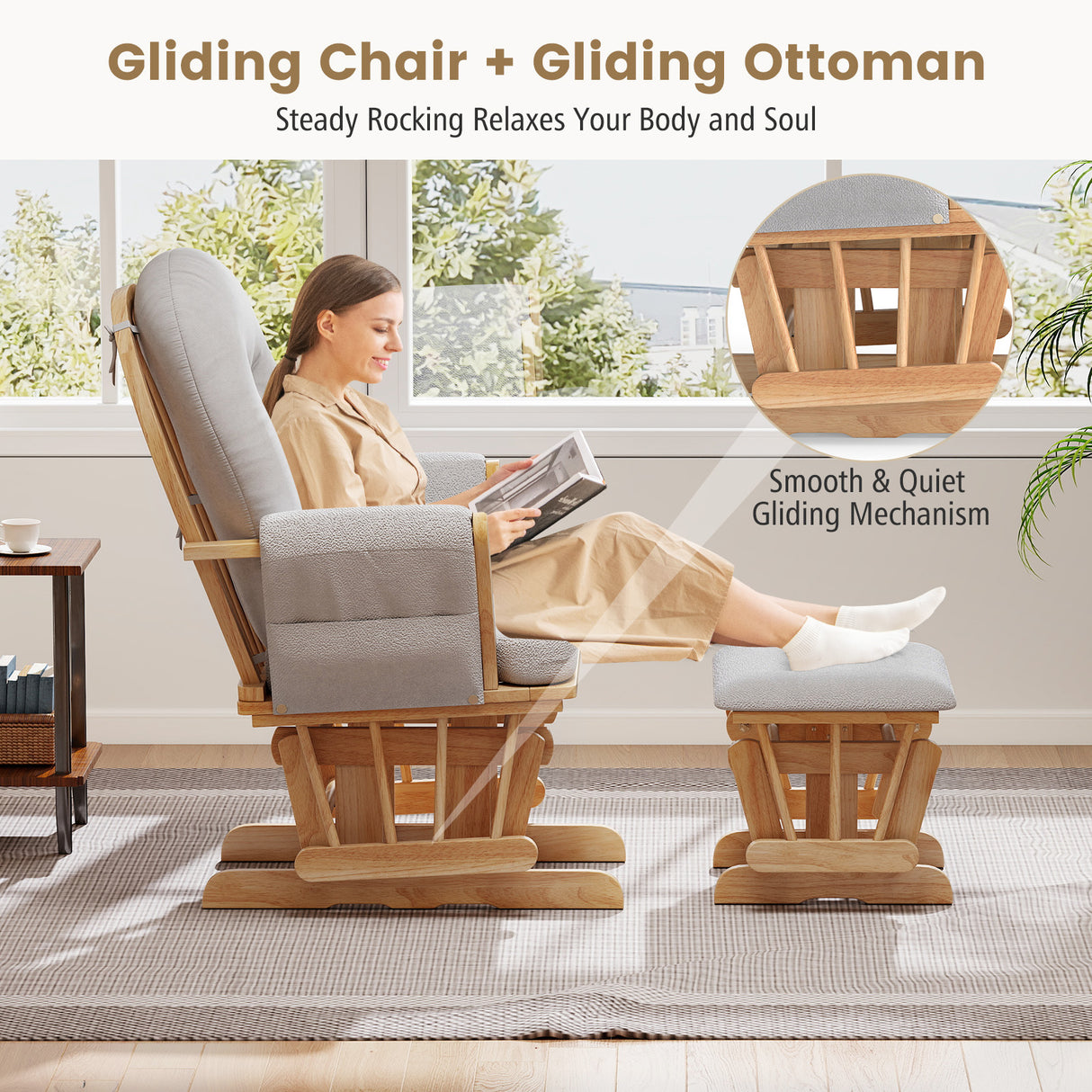 Wood Glider and Ottoman Set with Padded Armrests and Detachable Cushion