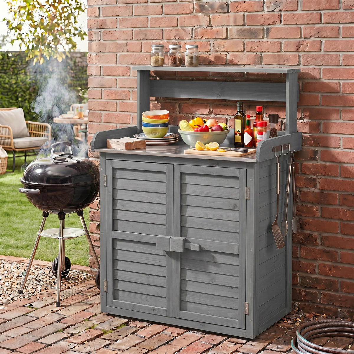 Wood Plant Workstation with Stainless Steel Tabletop and Removable Shelves