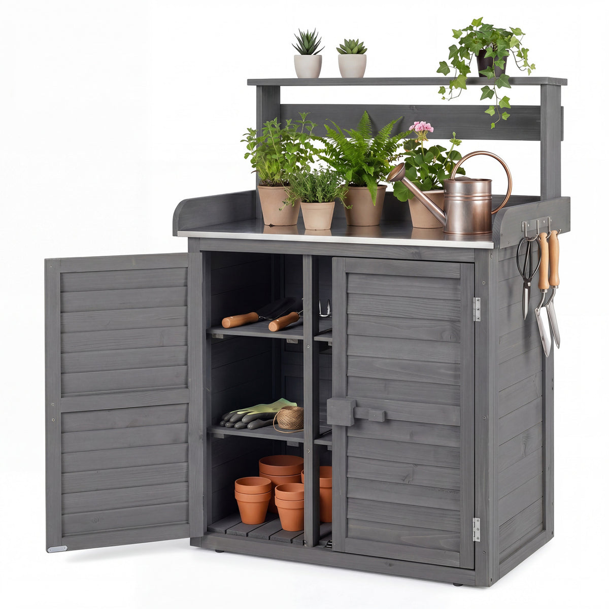 Wood Plant Workstation with Stainless Steel Tabletop and Removable Shelves